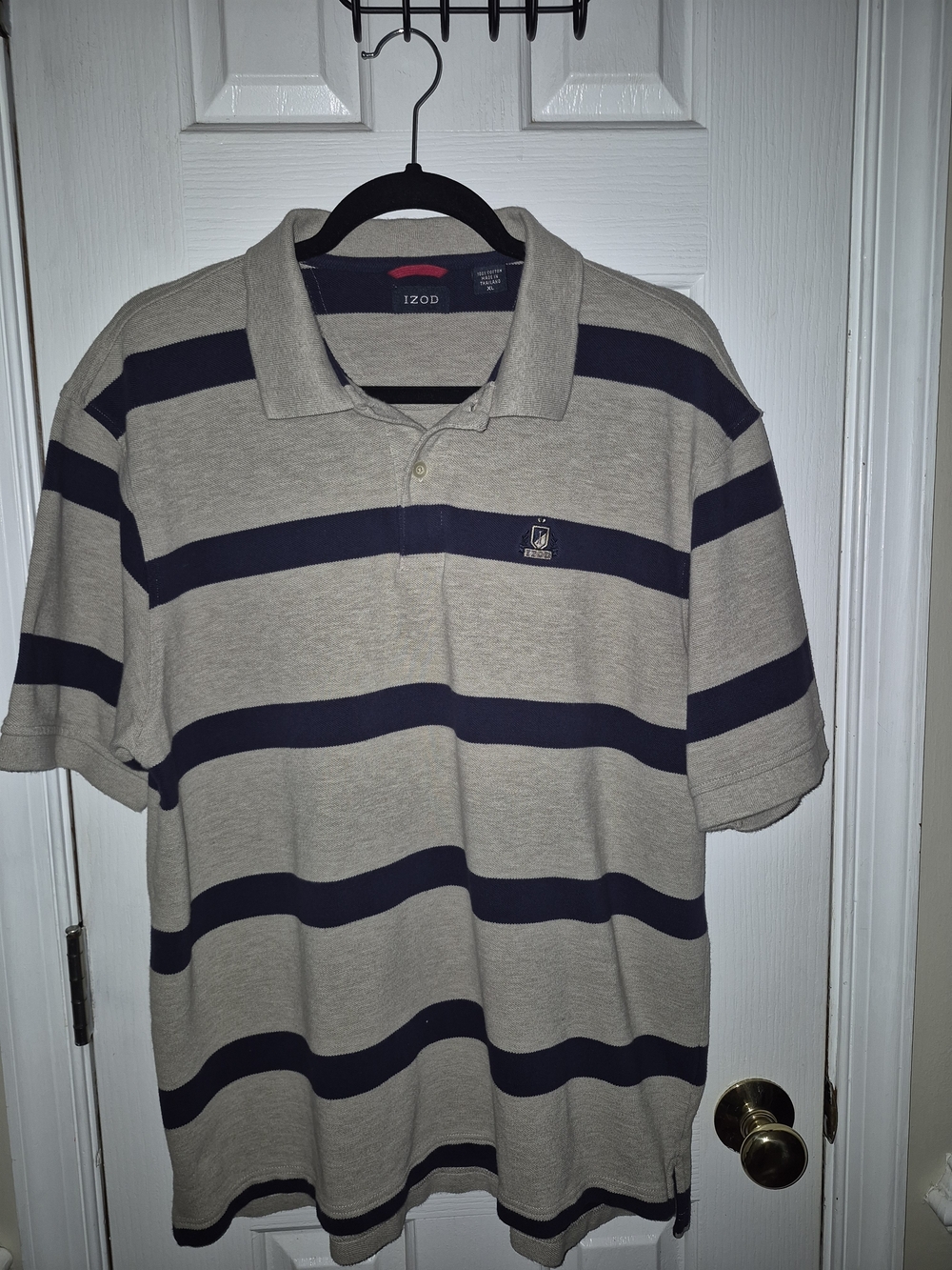IZOD Men's Beige and Navy Striped Polo Shirt